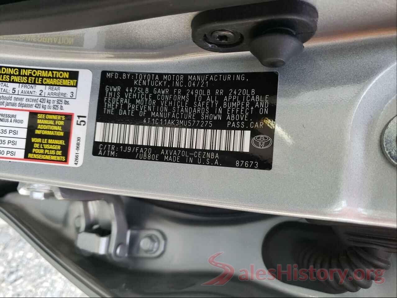 4T1C11AK3MU577275 2021 TOYOTA CAMRY