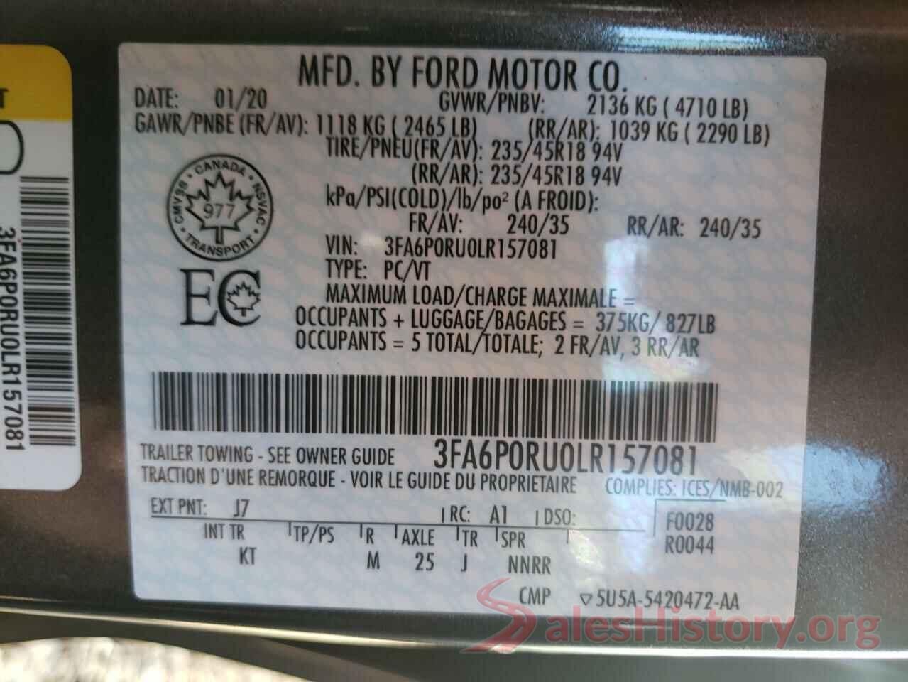 3FA6P0RU0LR157081 2020 FORD FUSION