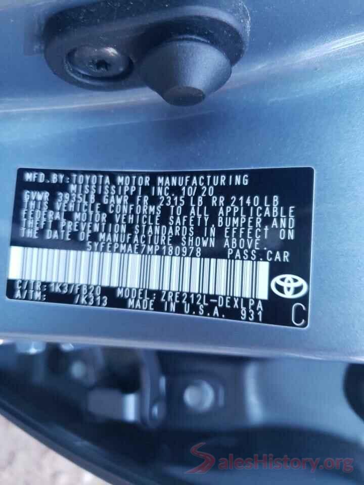 5YFEPMAE7MP180978 2021 TOYOTA COROLLA