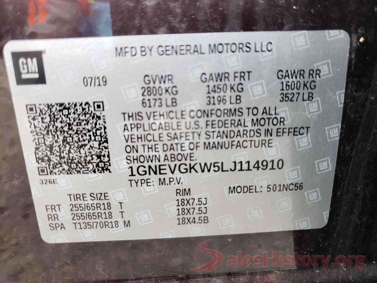 1GNEVGKW5LJ114910 2020 CHEVROLET TRAVERSE