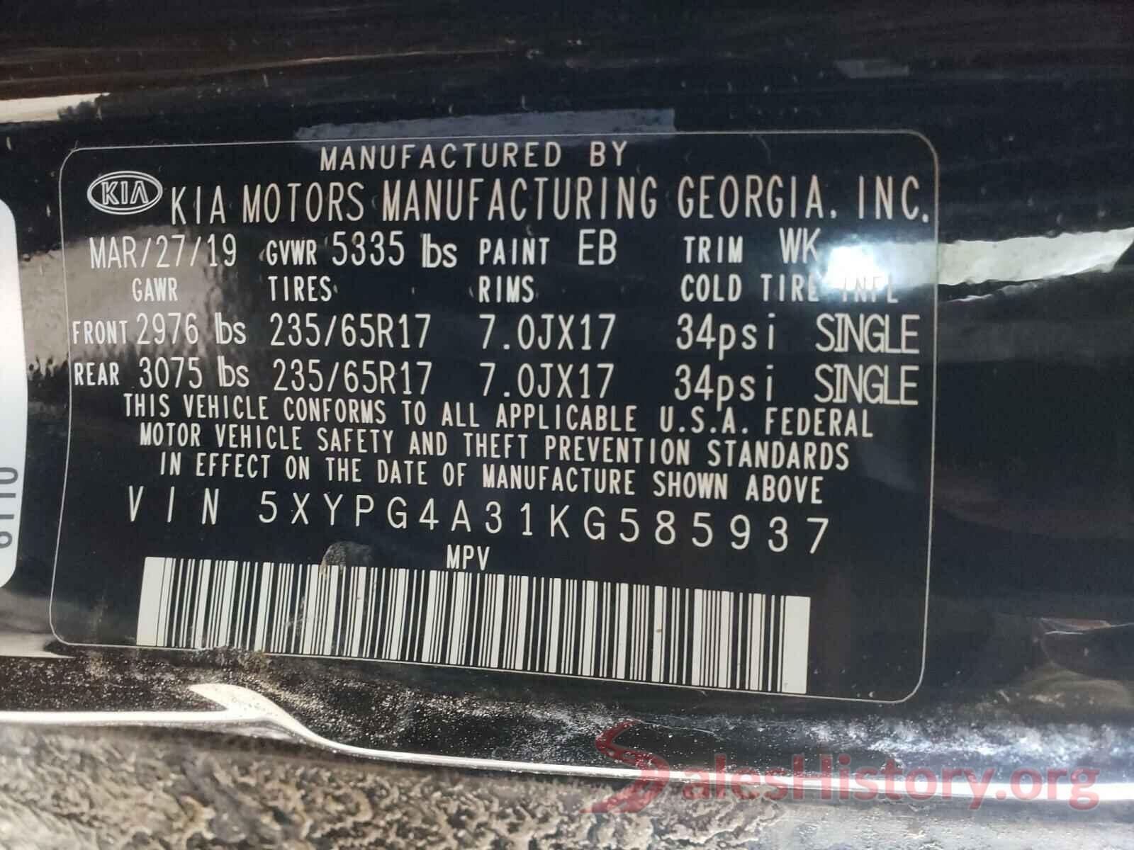 5XYPG4A31KG585937 2019 KIA SORENTO