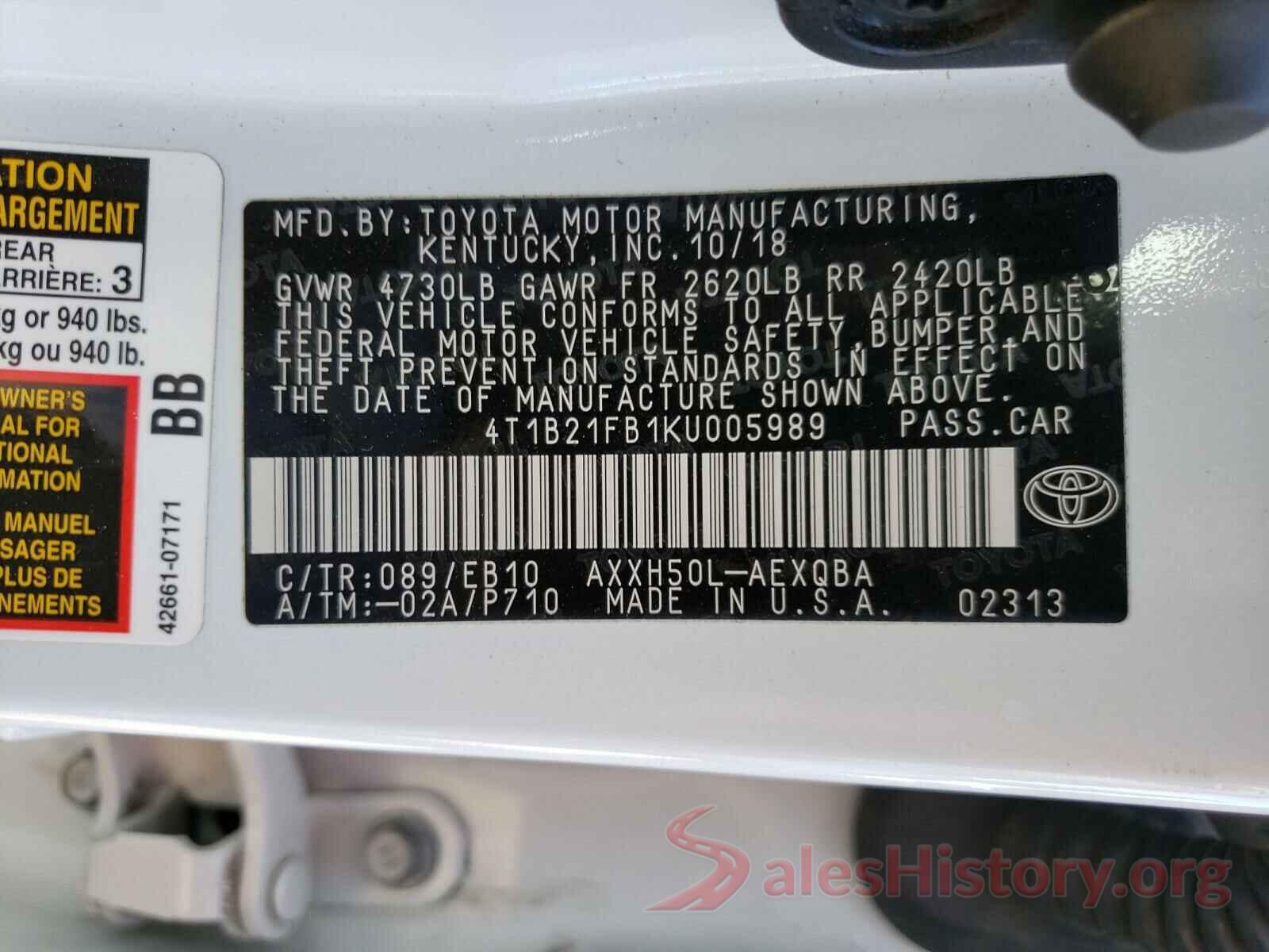 4T1B21FB1KU005989 2019 TOYOTA AVALON