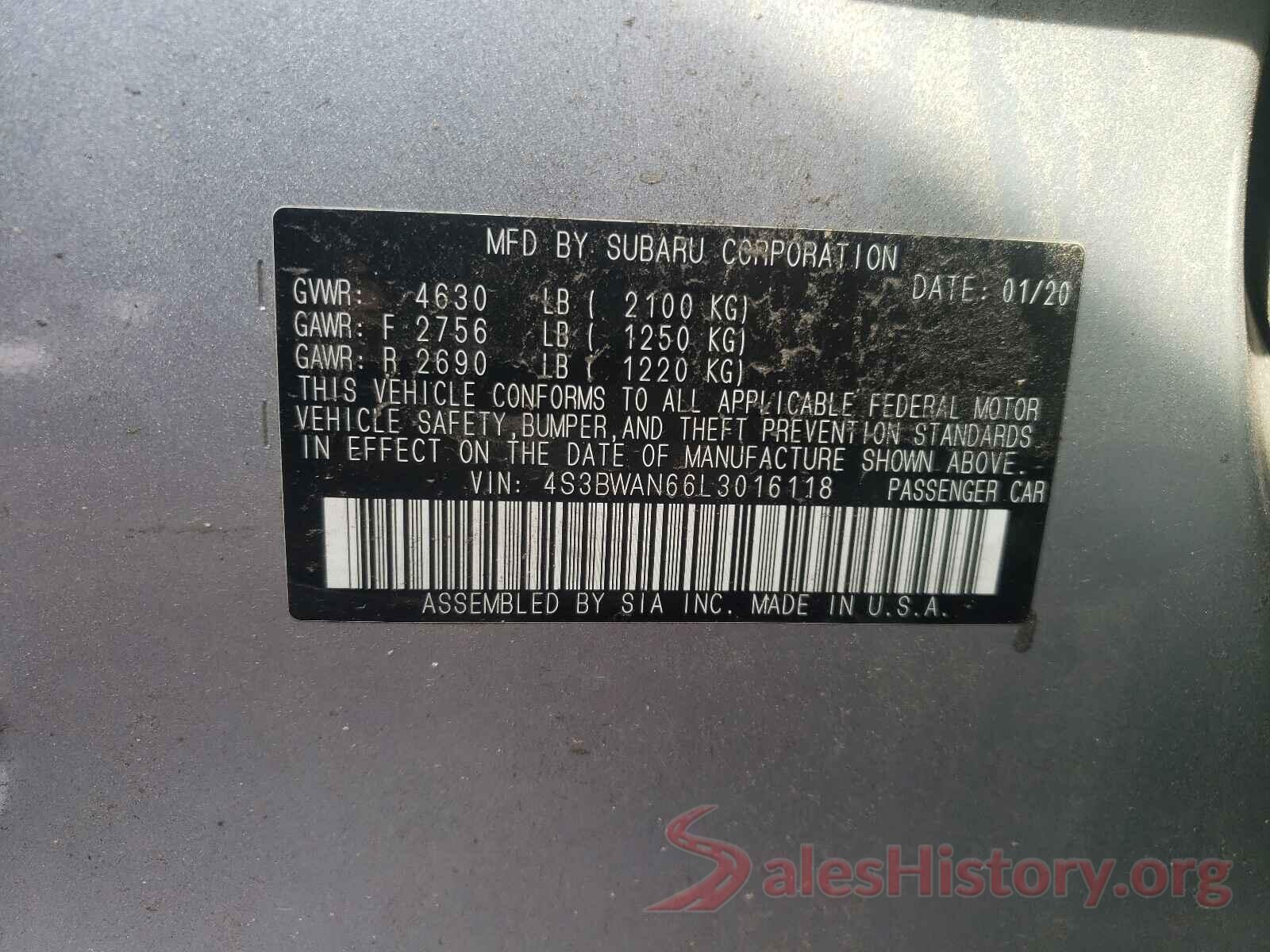 4S3BWAN66L3016118 2020 SUBARU LEGACY