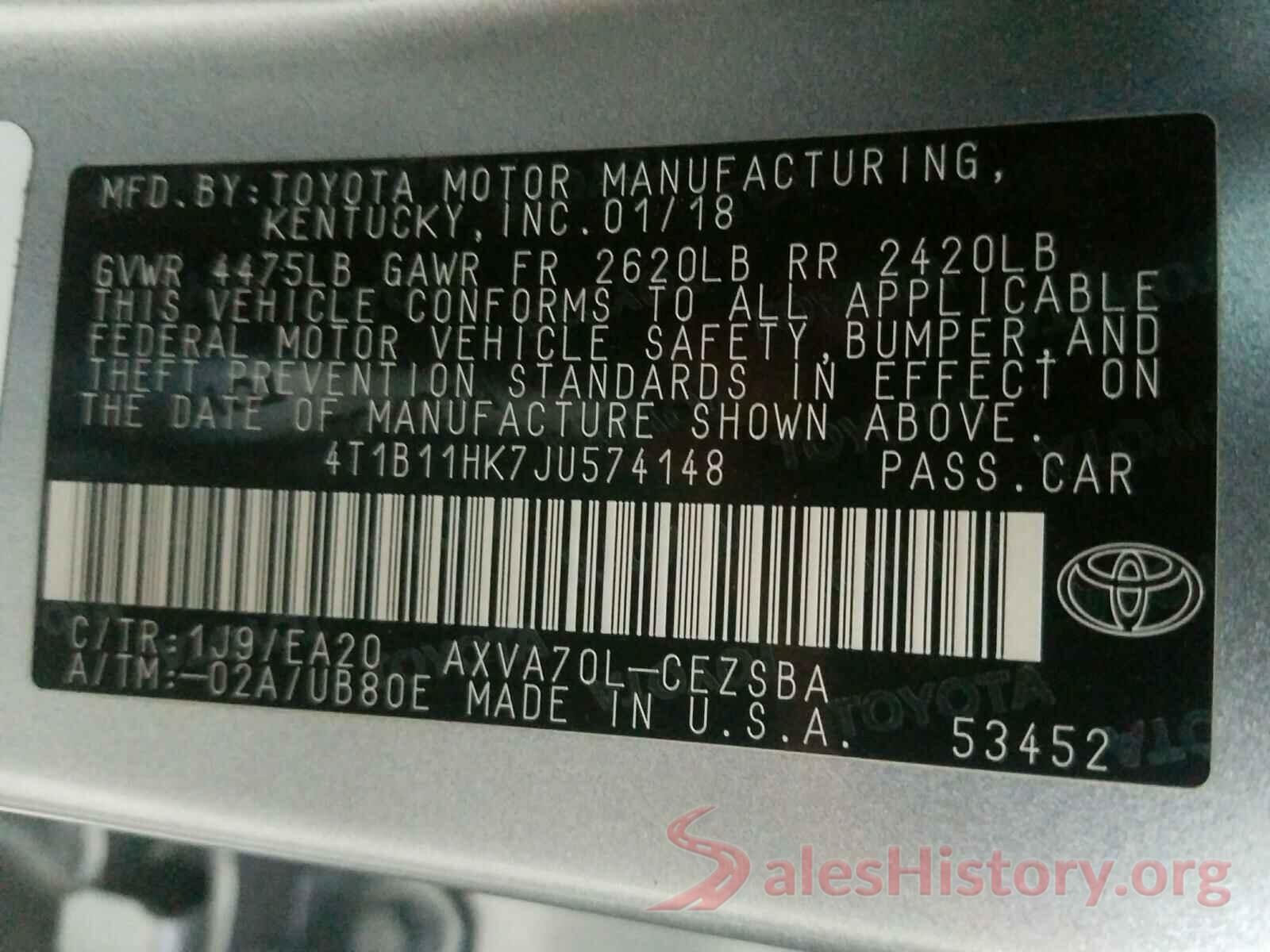 4T1B11HK7JU574148 2018 TOYOTA CAMRY