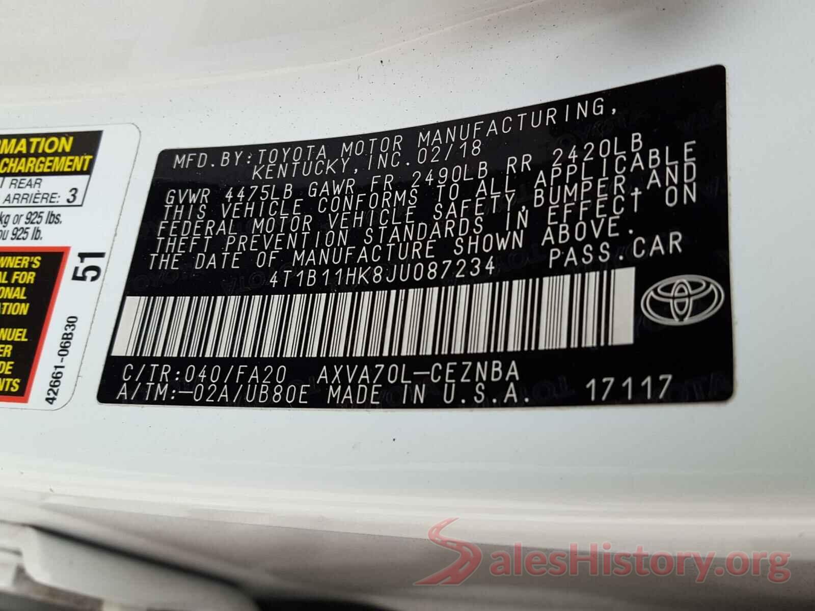 4T1B11HK8JU087234 2018 TOYOTA CAMRY