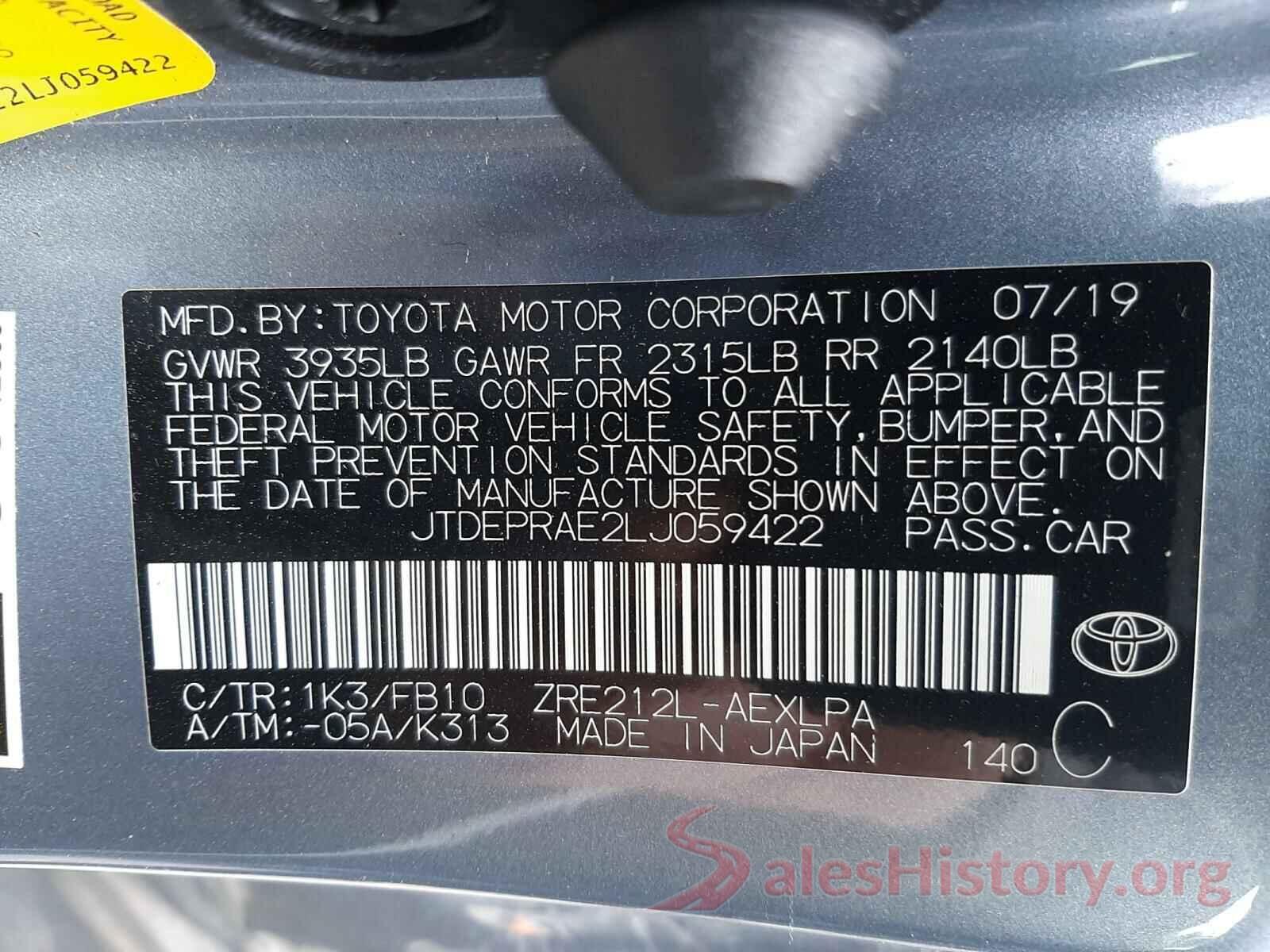 JTDEPRAE2LJ059422 2020 TOYOTA COROLLA