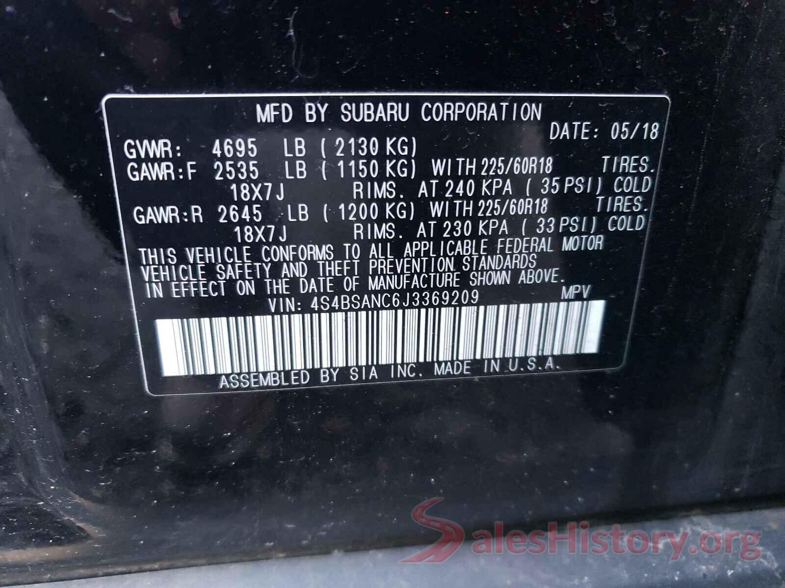 4S4BSANC6J3369209 2018 SUBARU OUTBACK