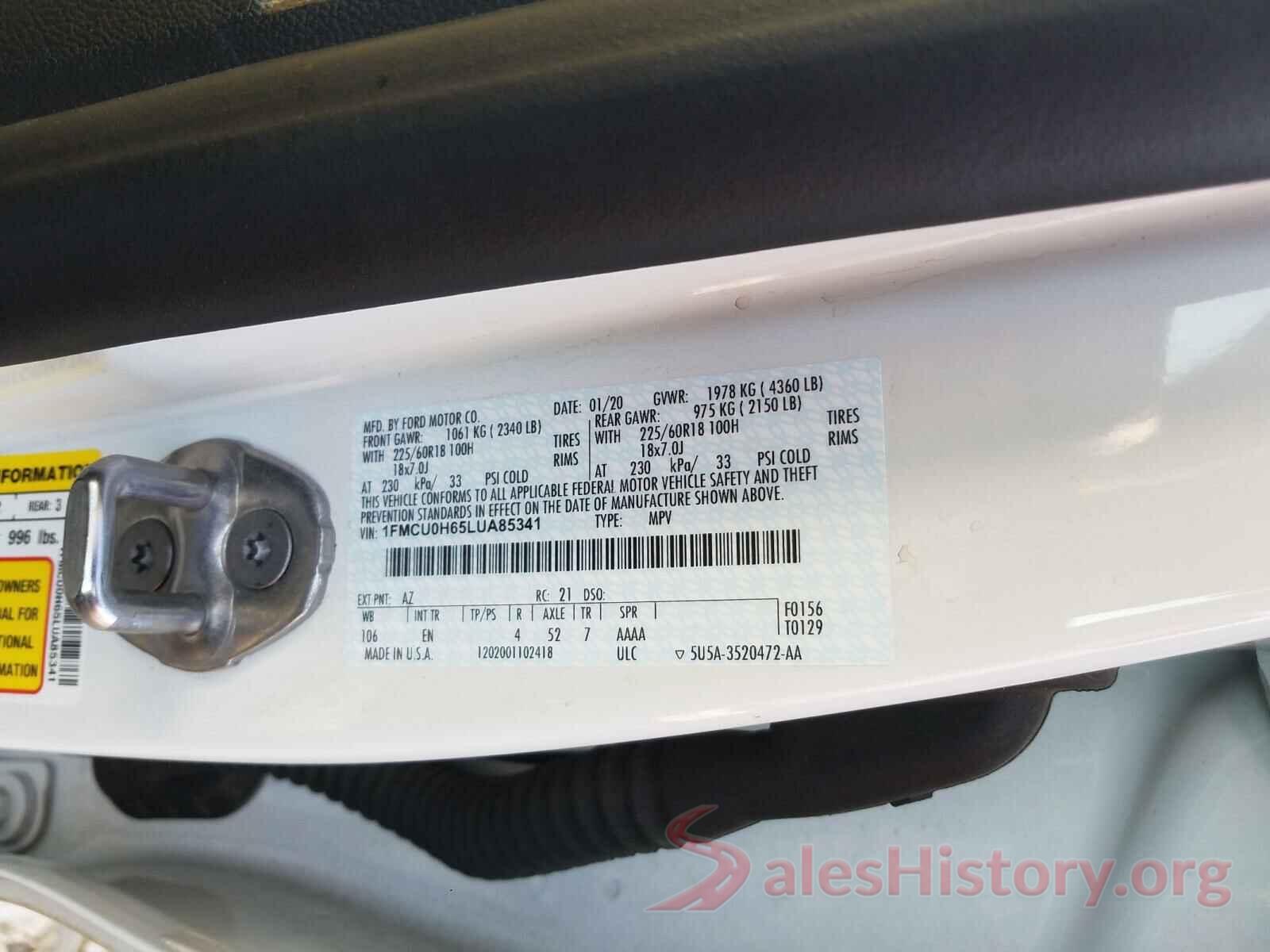 1FMCU0H65LUA85341 2020 FORD ESCAPE