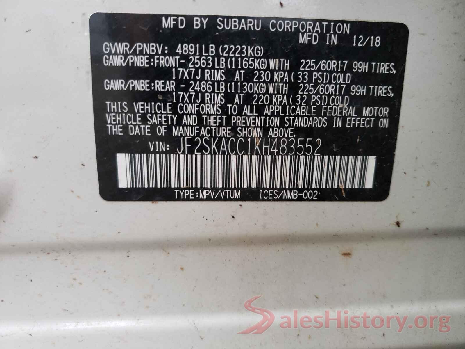 JF2SKACC1KH483552 2019 SUBARU FORESTER