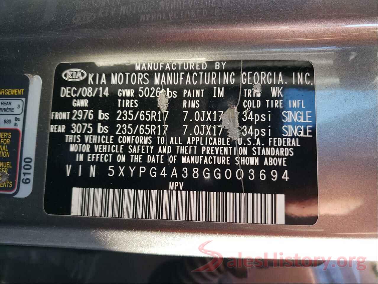 5XYPG4A38GG003694 2016 KIA SORENTO