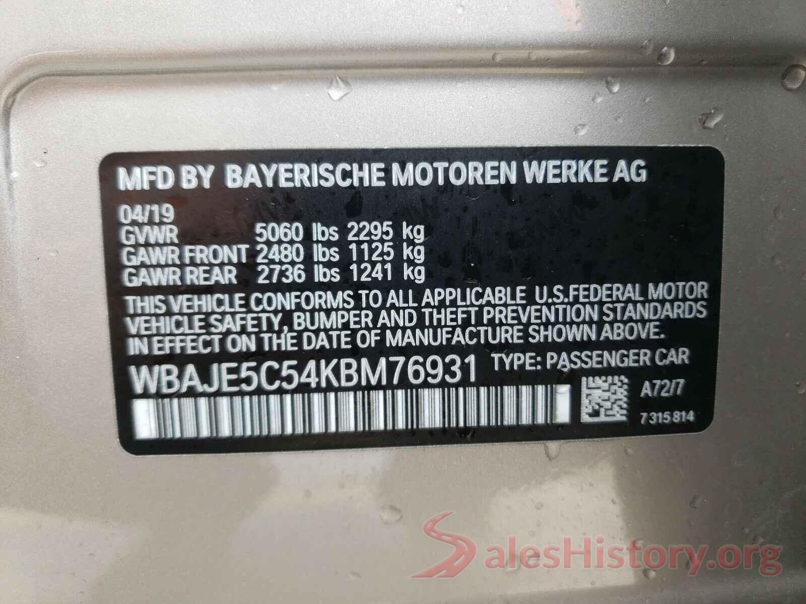 WBAJE5C54KBM76931 2019 BMW 5 SERIES