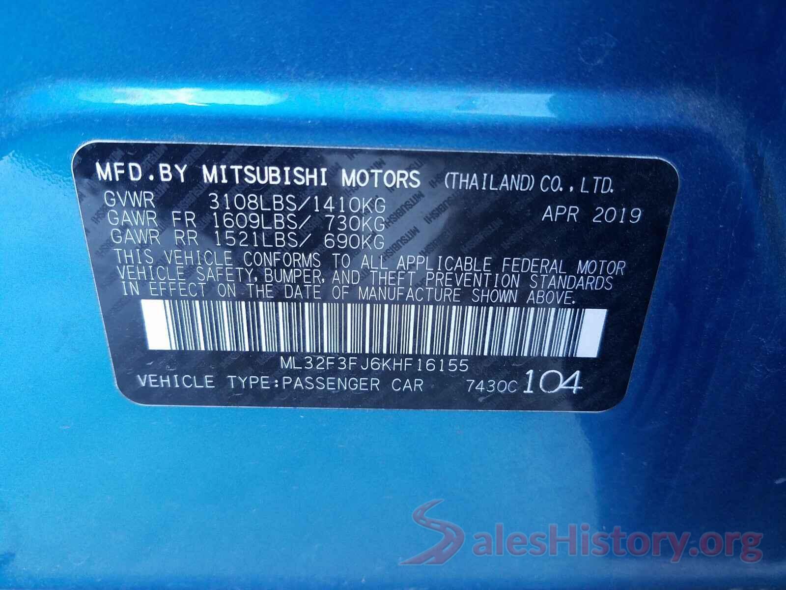 ML32F3FJ6KHF16155 2019 MITSUBISHI MIRAGE