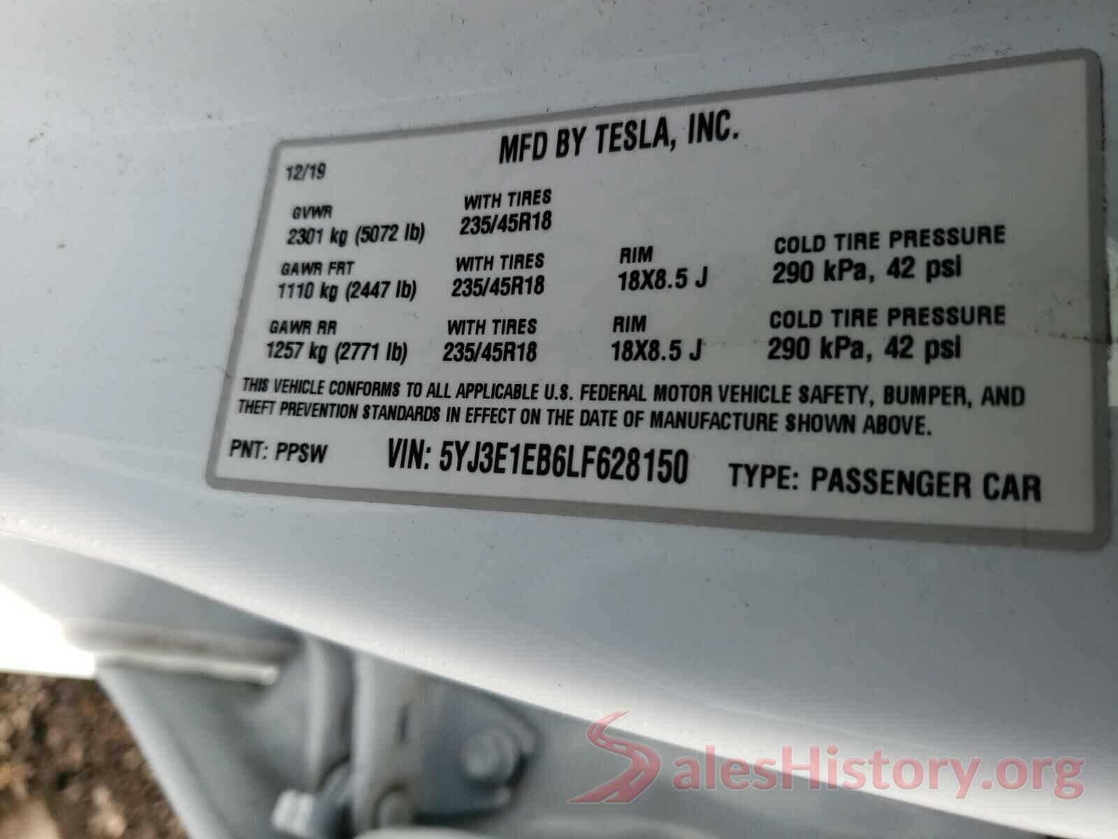 5YJ3E1EB6LF628150 2020 TESLA MODEL 3