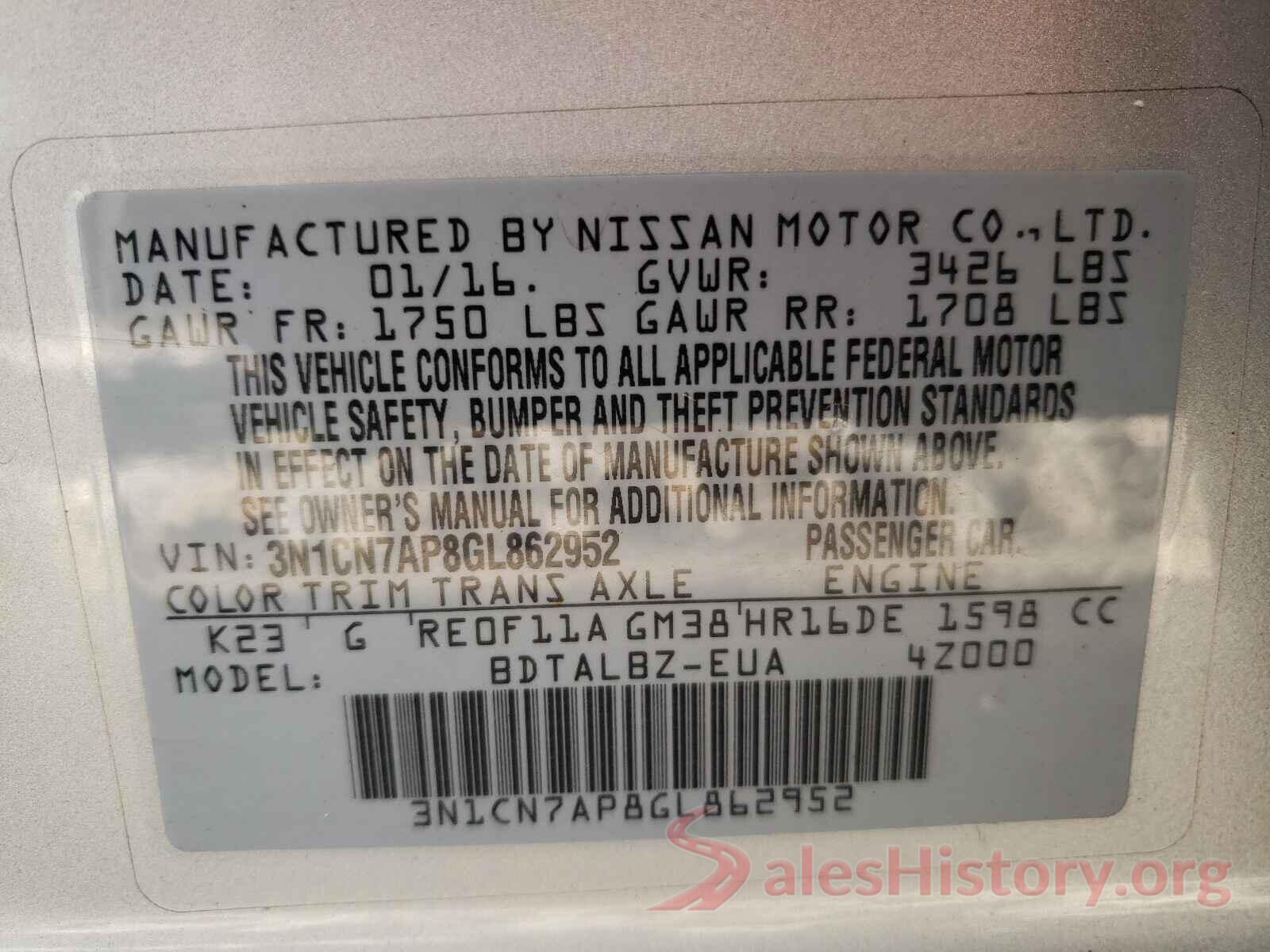 3N1CN7AP8GL862952 2016 NISSAN VERSA