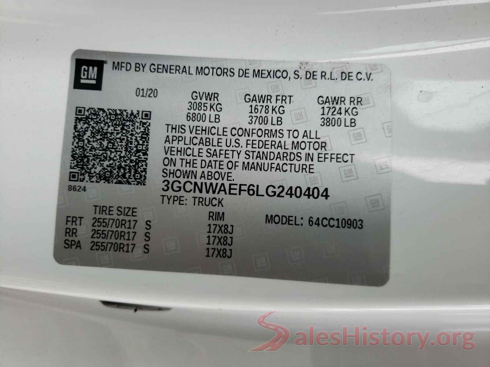 3GCNWAEF6LG240404 2020 CHEVROLET SILVERADO