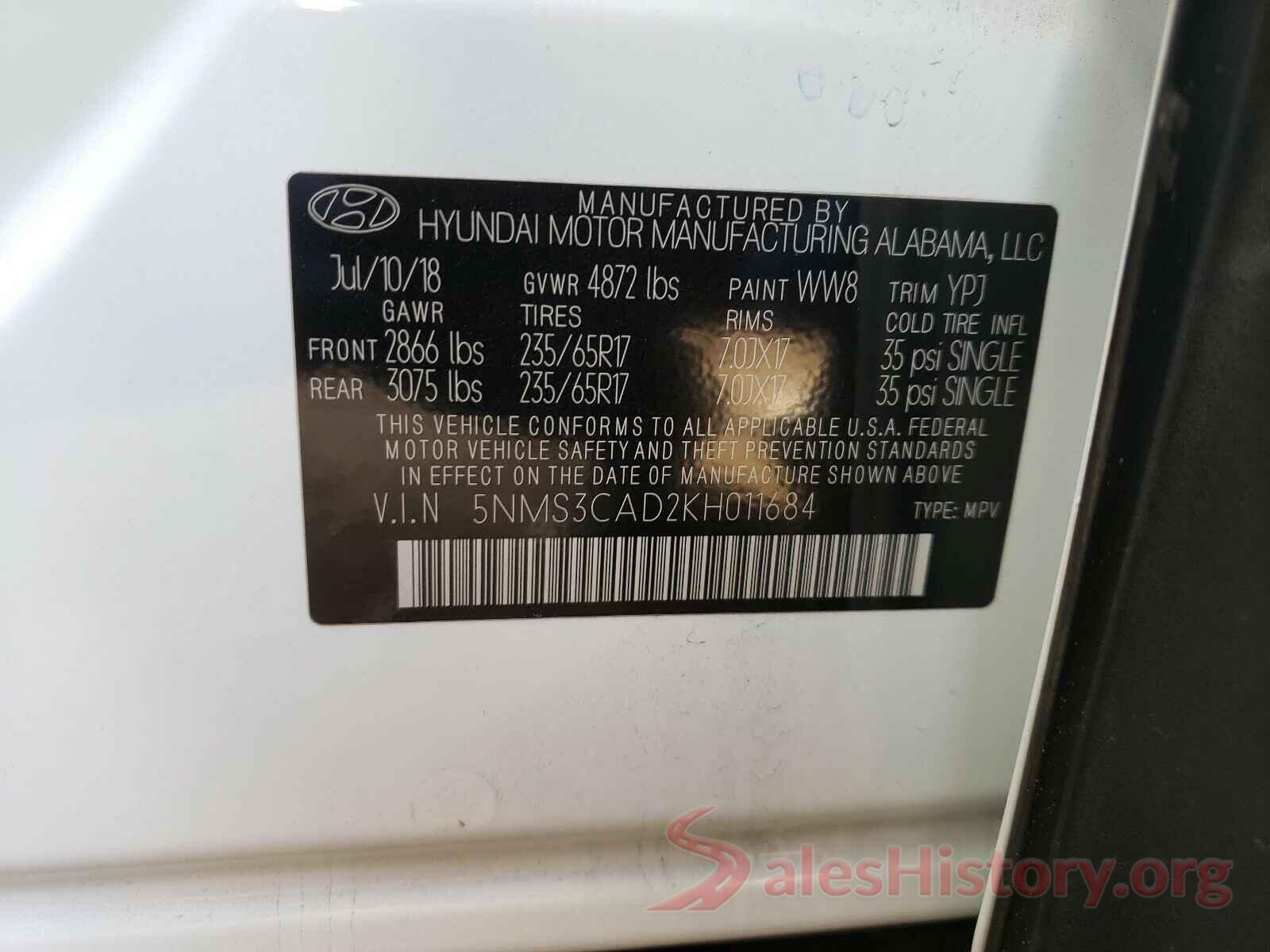 5NMS3CAD2KH011684 2019 HYUNDAI SANTA FE