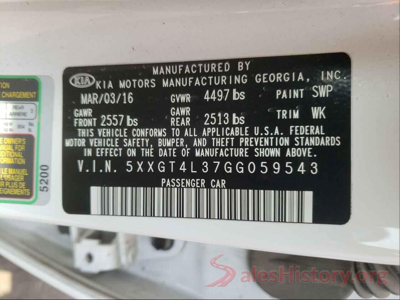 5XXGT4L37GG059543 2016 KIA OPTIMA