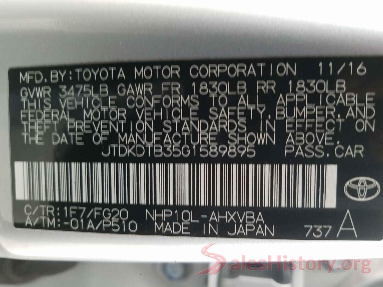 JTDKDTB35G1589895 2016 TOYOTA PRIUS