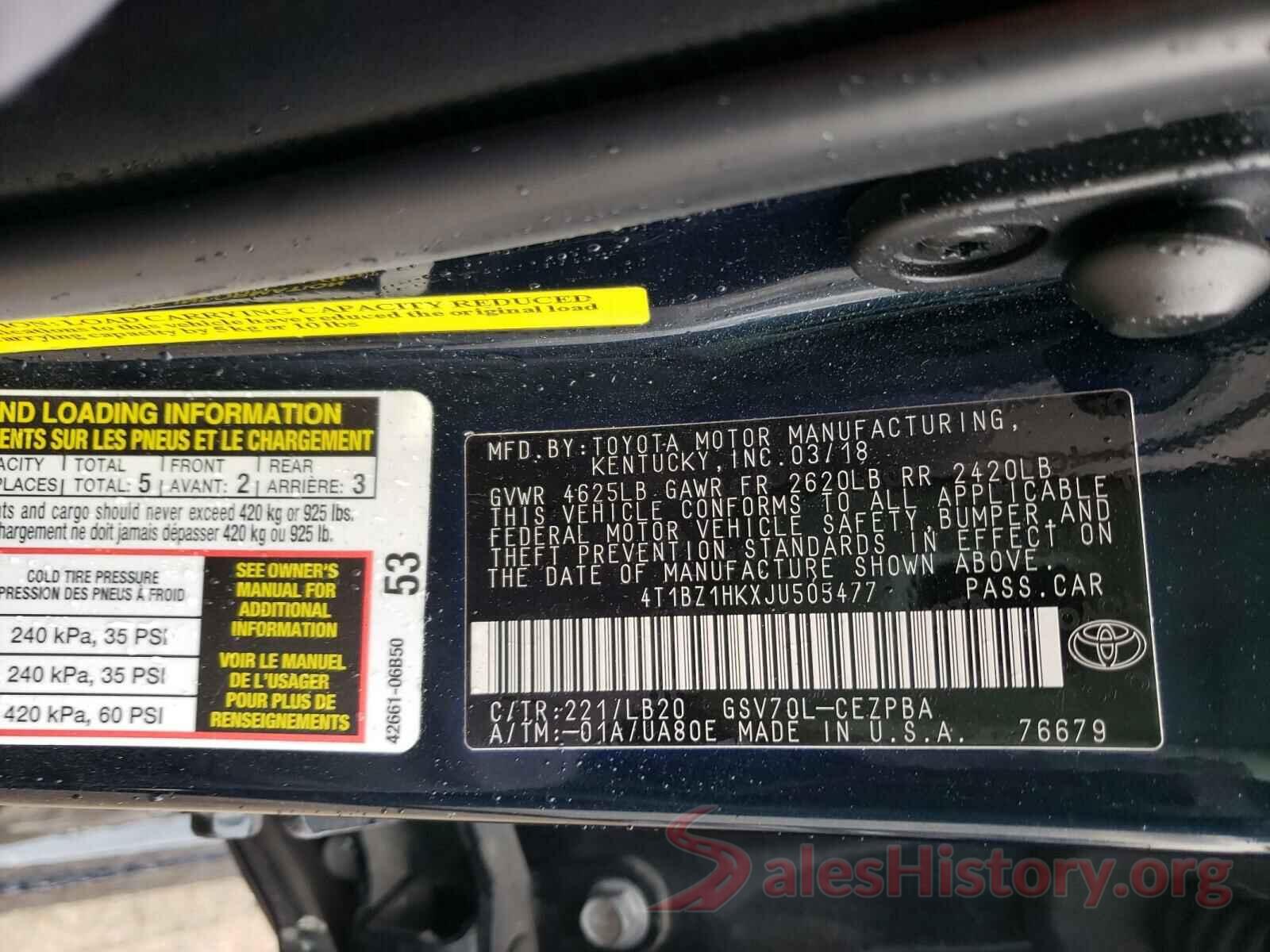 4T1BZ1HKXJU505477 2018 TOYOTA CAMRY