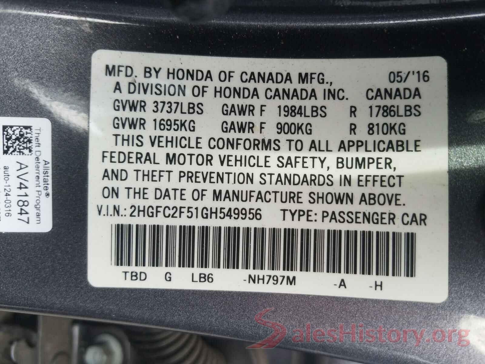 2HGFC2F51GH549956 2016 HONDA CIVIC