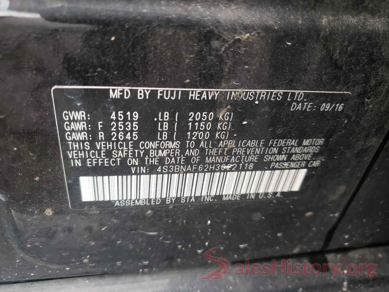 4S3BNAF62H3022118 2017 SUBARU LEGACY