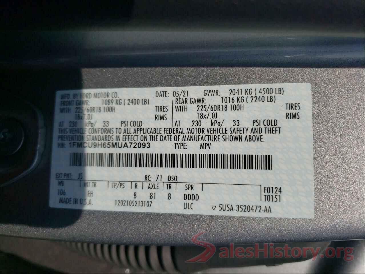 1FMCU9H65MUA72093 2021 FORD ESCAPE