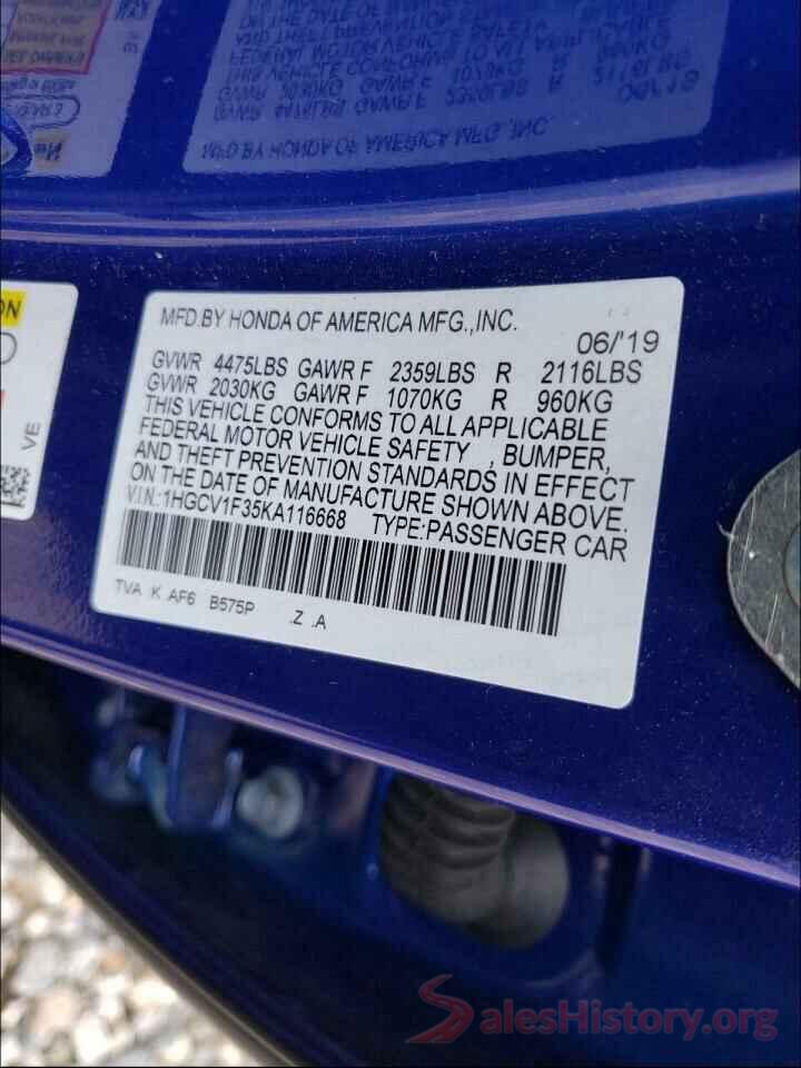 1HGCV1F35KA116668 2019 HONDA ACCORD