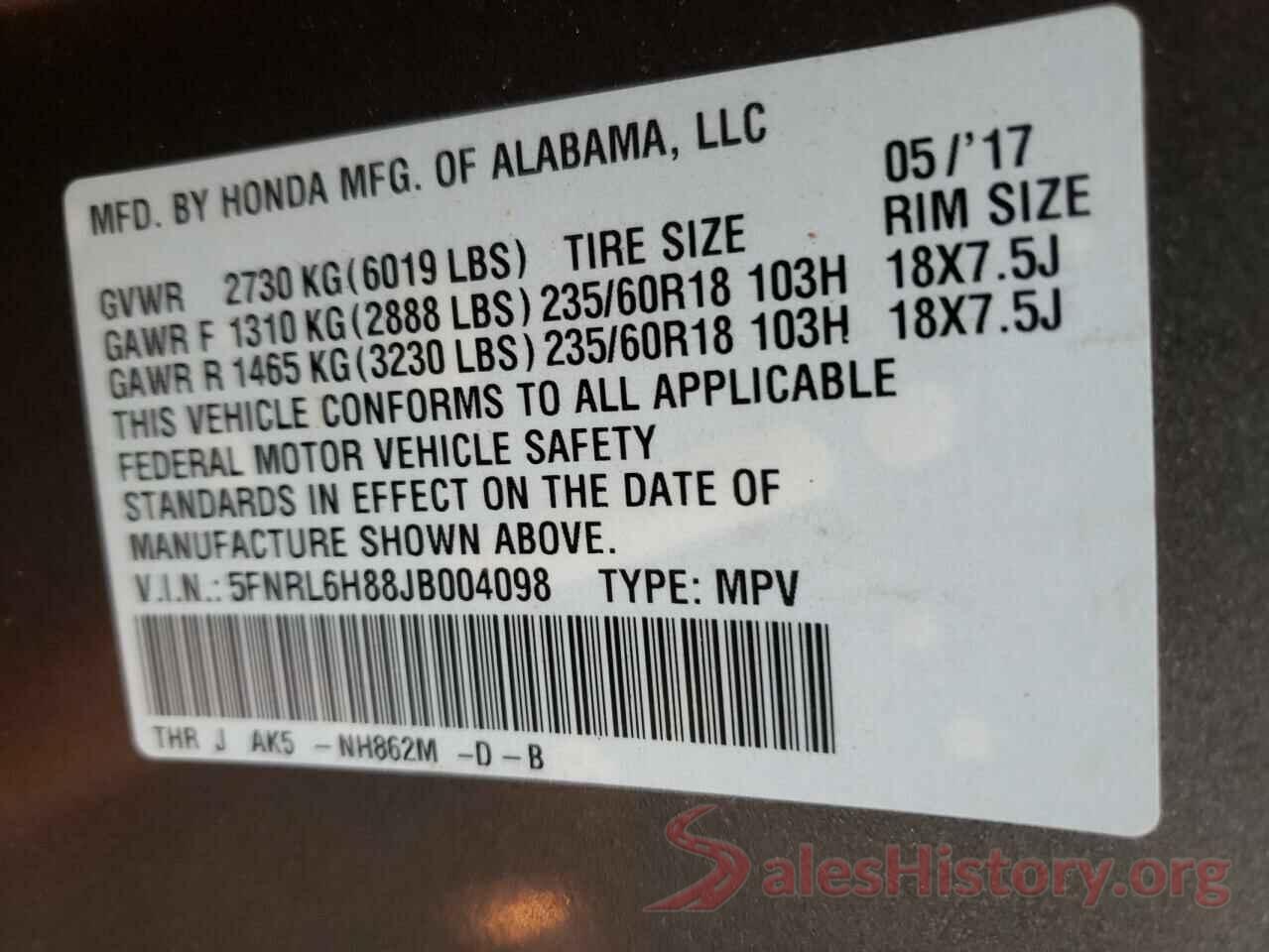 5FNRL6H88JB004098 2018 HONDA ODYSSEY