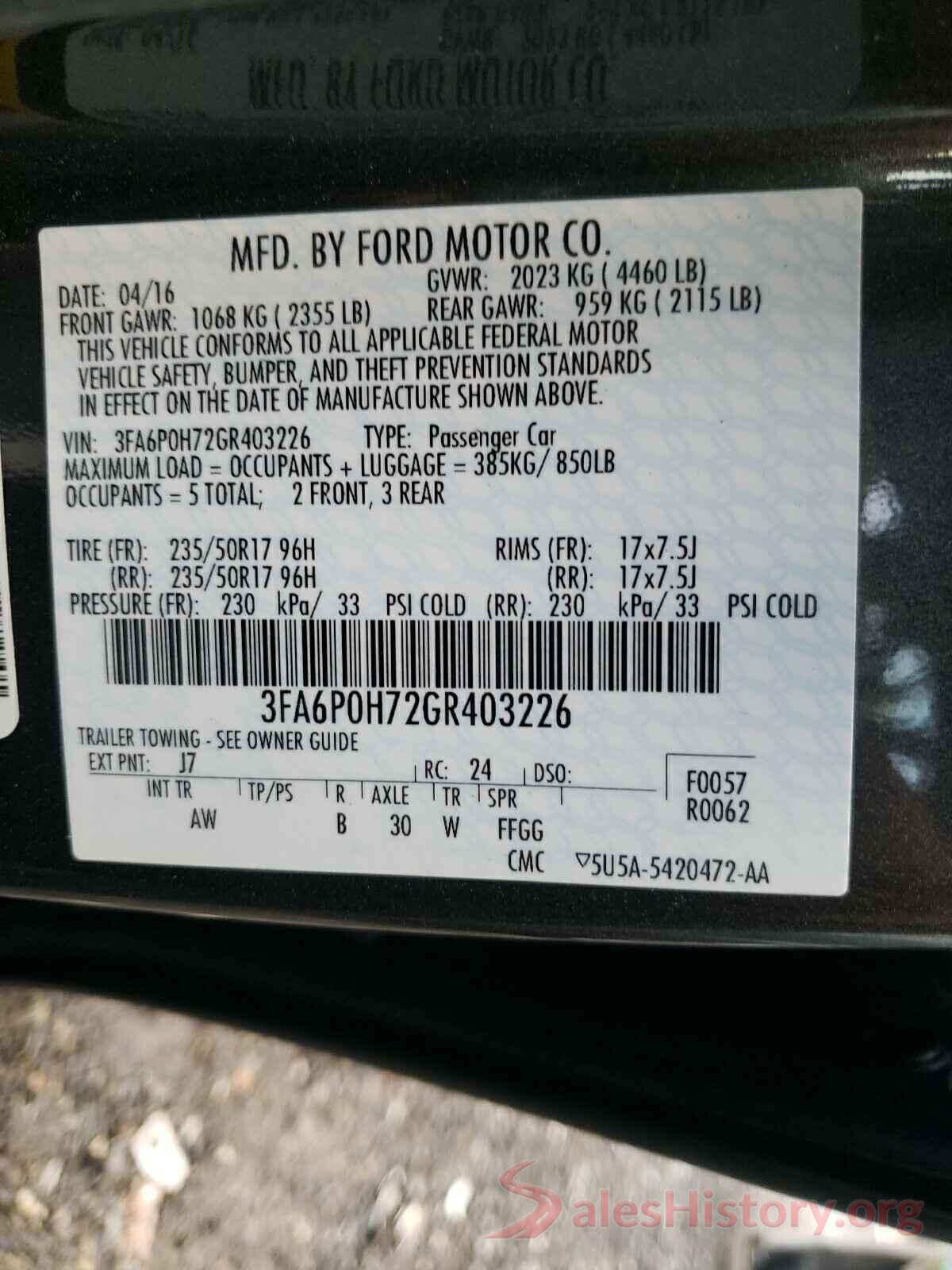 3FA6P0H72GR403226 2016 FORD FUSION