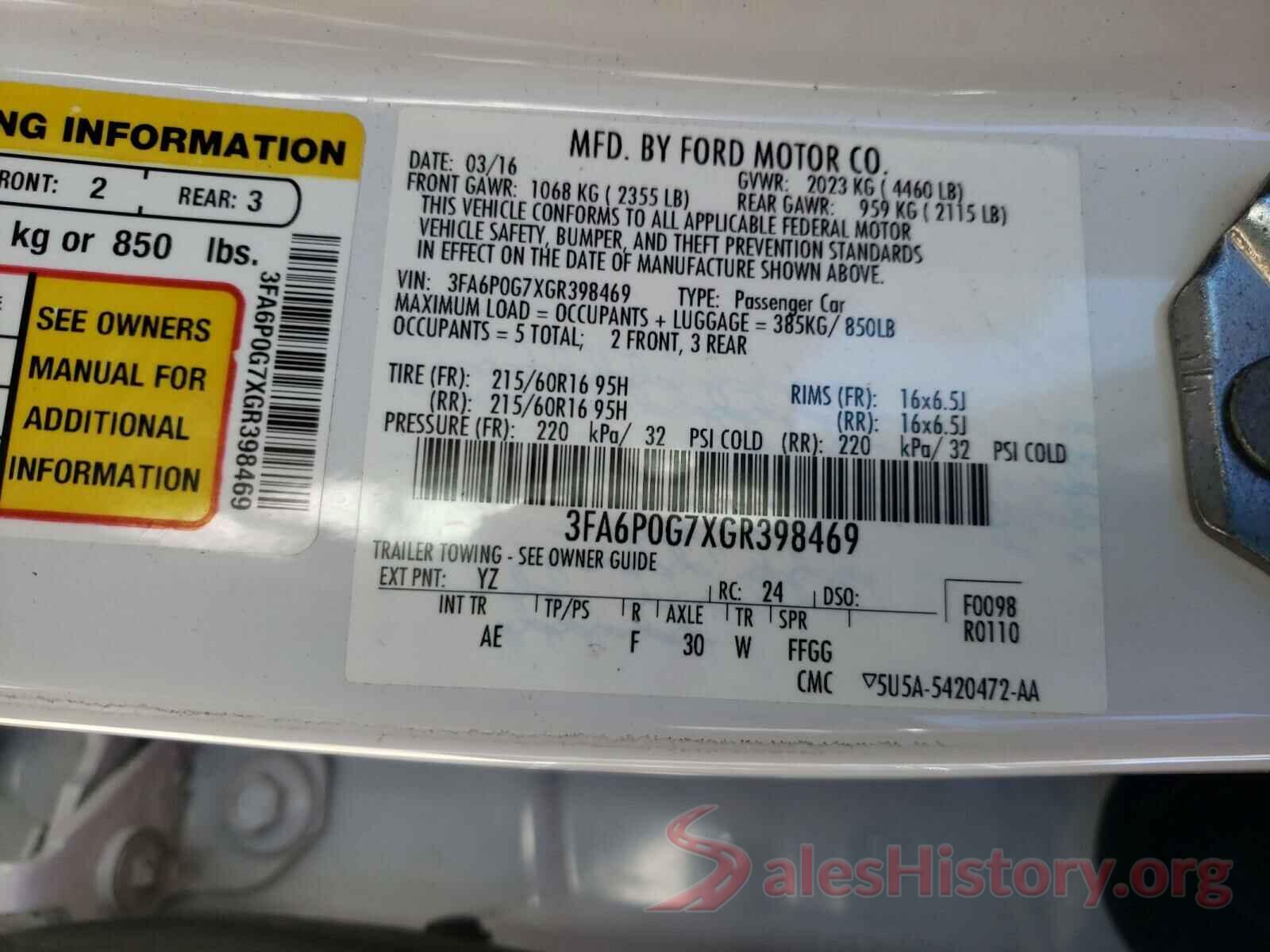 3FA6P0G7XGR398469 2016 FORD FUSION