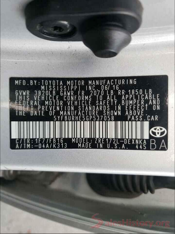 5YFBURHE5GP537058 2016 TOYOTA COROLLA