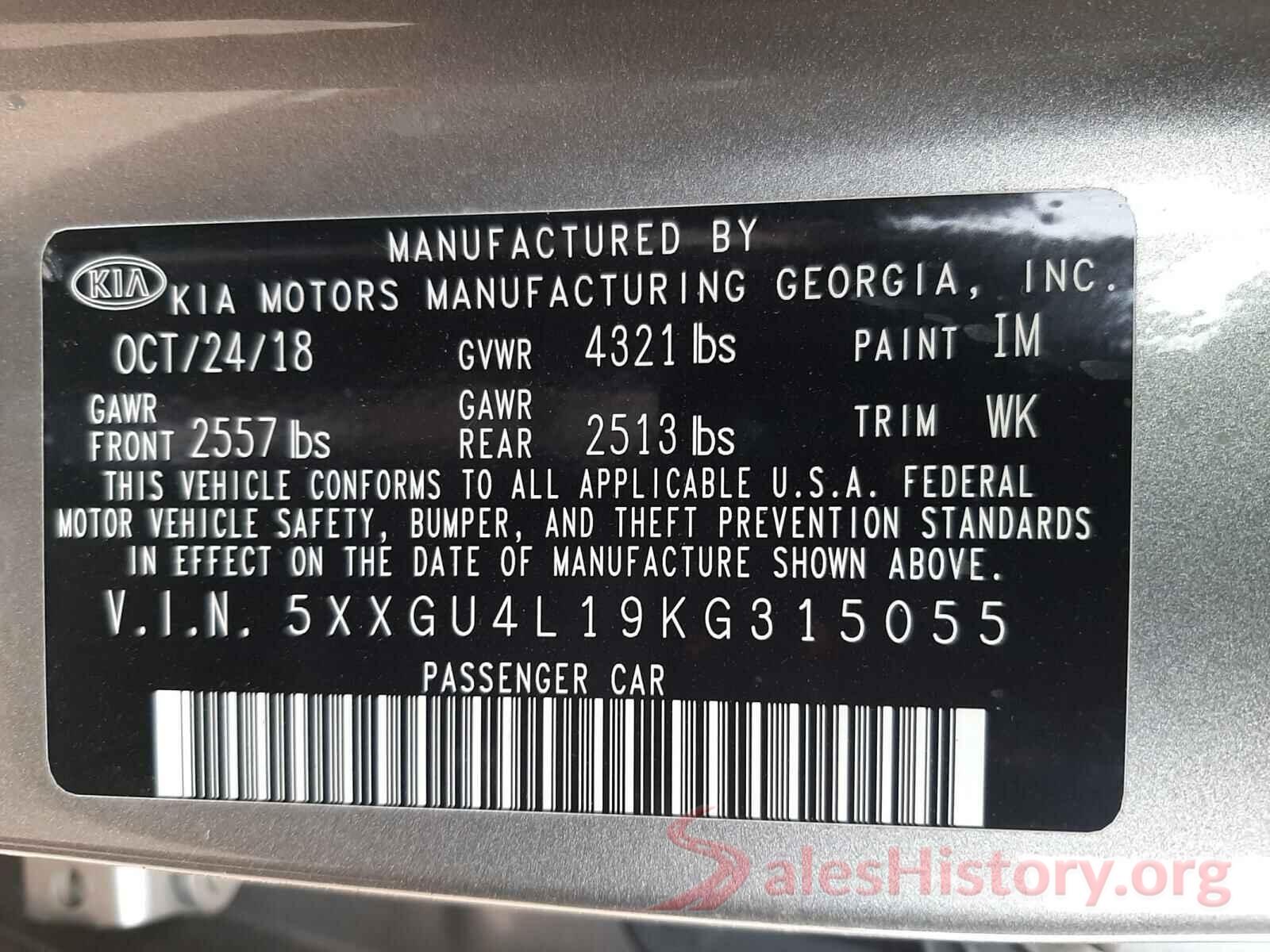 5XXGU4L19KG315055 2019 KIA OPTIMA