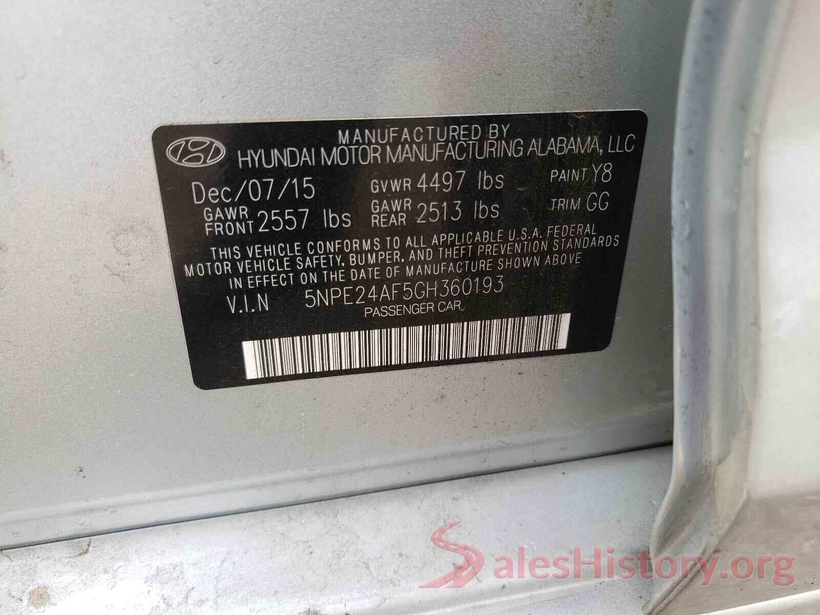 5NPE24AF5GH360193 2016 HYUNDAI SONATA