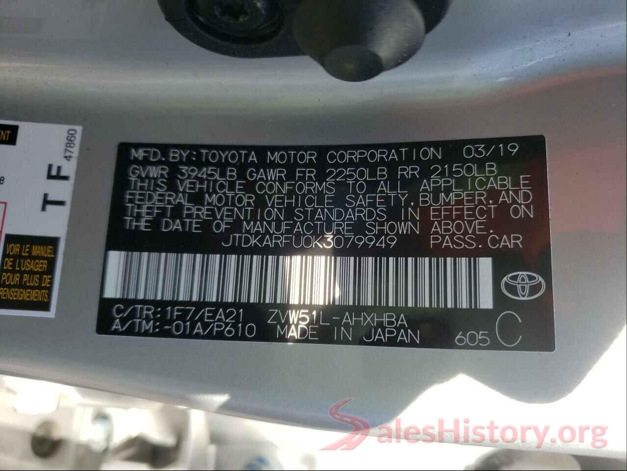 JTDKARFU0K3079949 2019 TOYOTA PRIUS