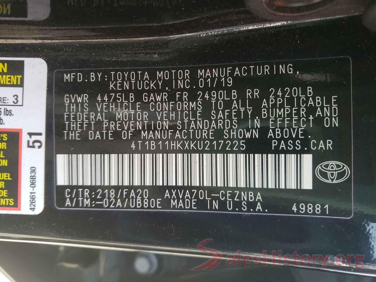 4T1B11HKXKU217225 2019 TOYOTA CAMRY