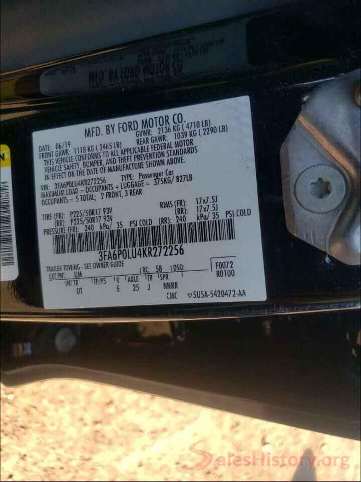 3FA6P0LU4KR272256 2019 FORD FUSION