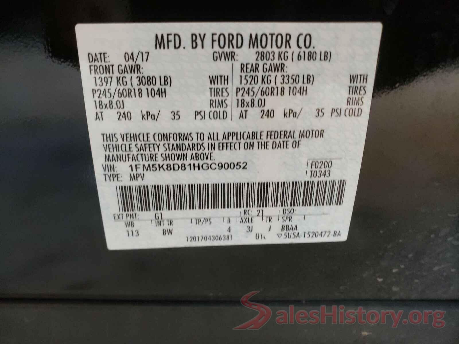 1FM5K8D81HGC90052 2017 FORD EXPLORER