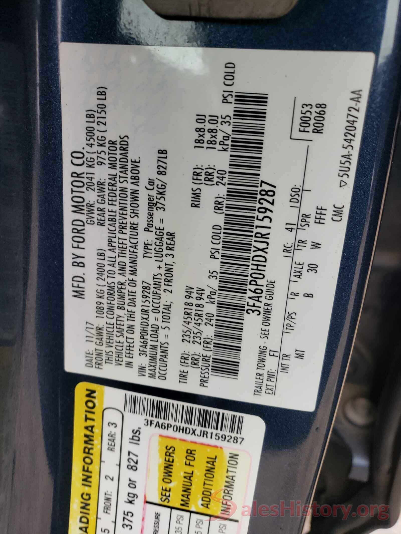 3FA6P0HDXJR159287 2018 FORD FUSION