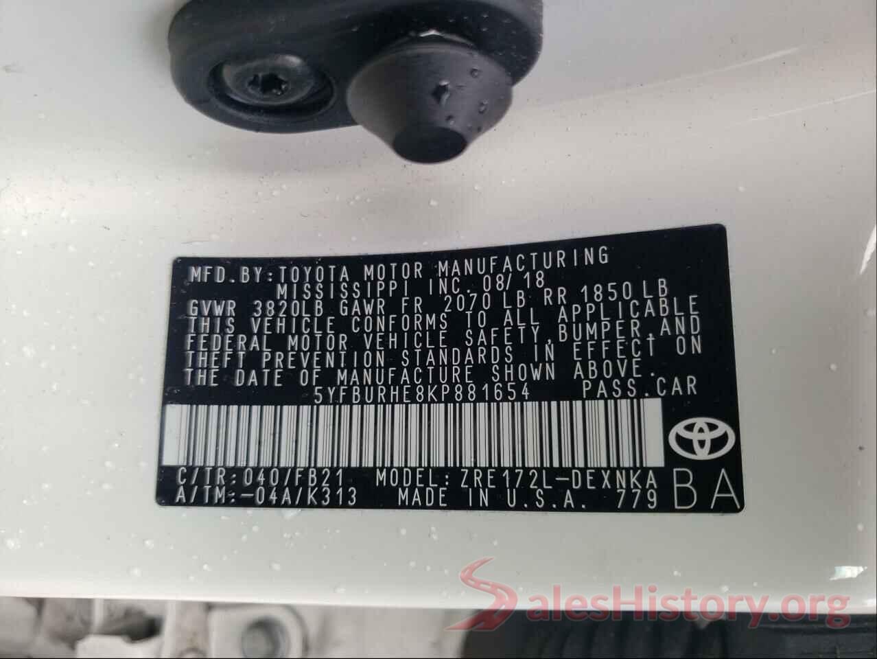 5YFBURHE8KP881654 2019 TOYOTA COROLLA