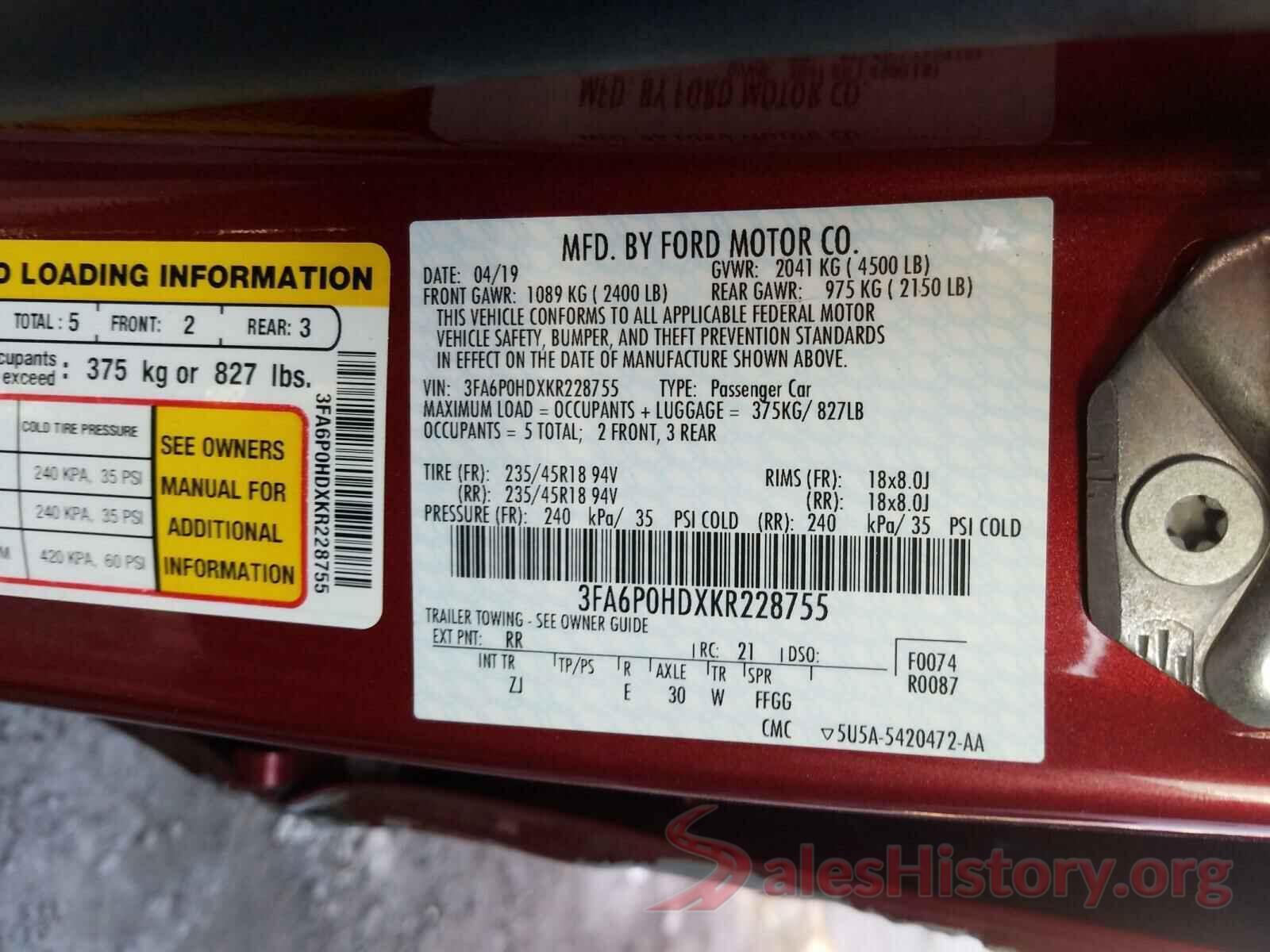 3FA6P0HDXKR228755 2019 FORD FUSION