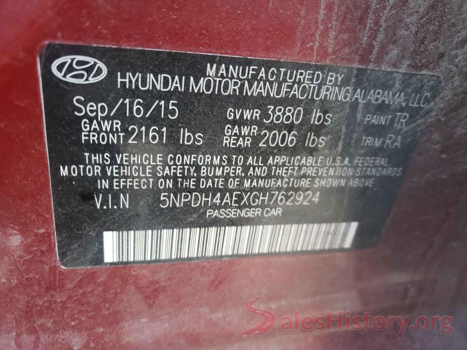 5NPDH4AEXGH762924 2016 HYUNDAI ELANTRA