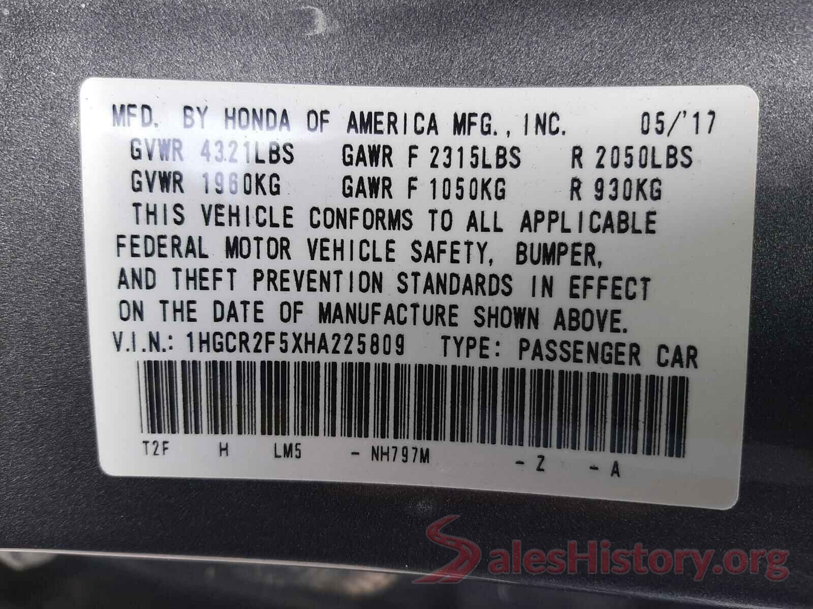 1HGCR2F5XHA225809 2017 HONDA ACCORD