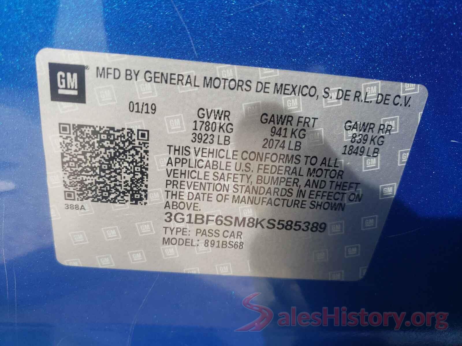 3G1BF6SM8KS585389 2019 CHEVROLET CRUZE