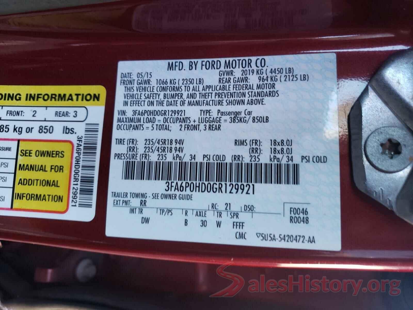 3FA6P0HD0GR129921 2016 FORD FUSION