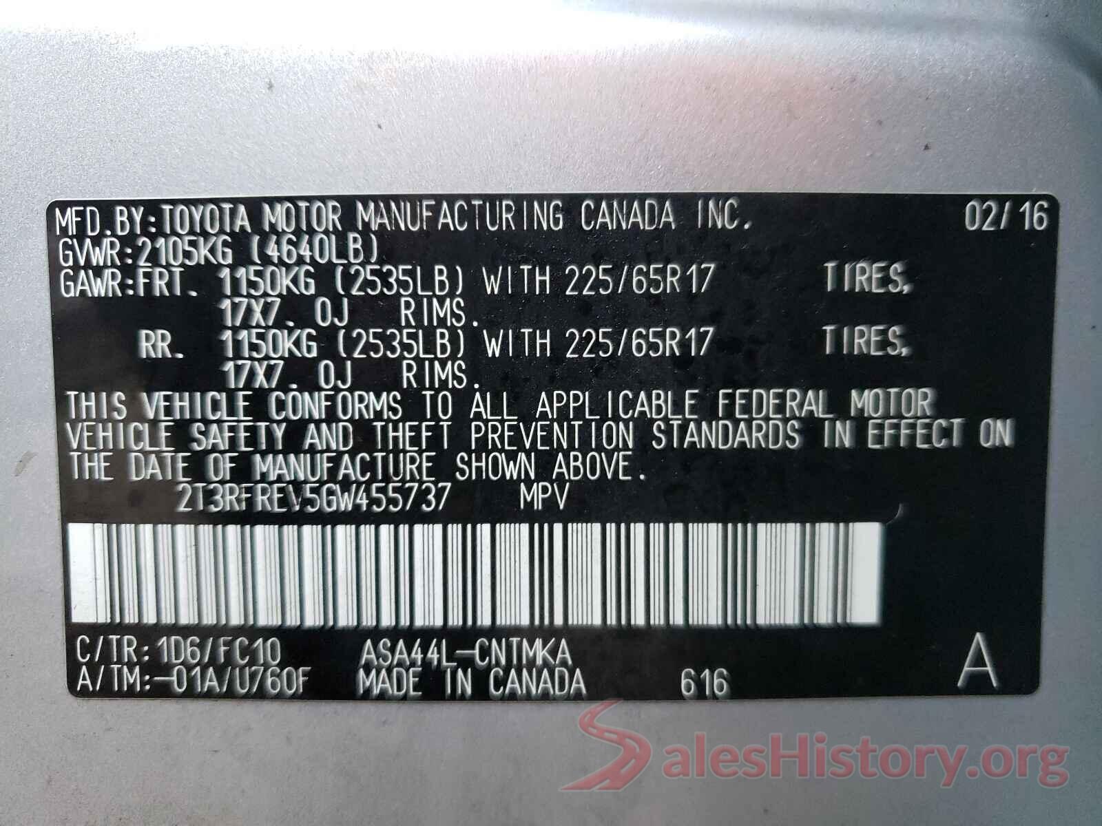 2T3RFREV5GW455737 2016 TOYOTA RAV4