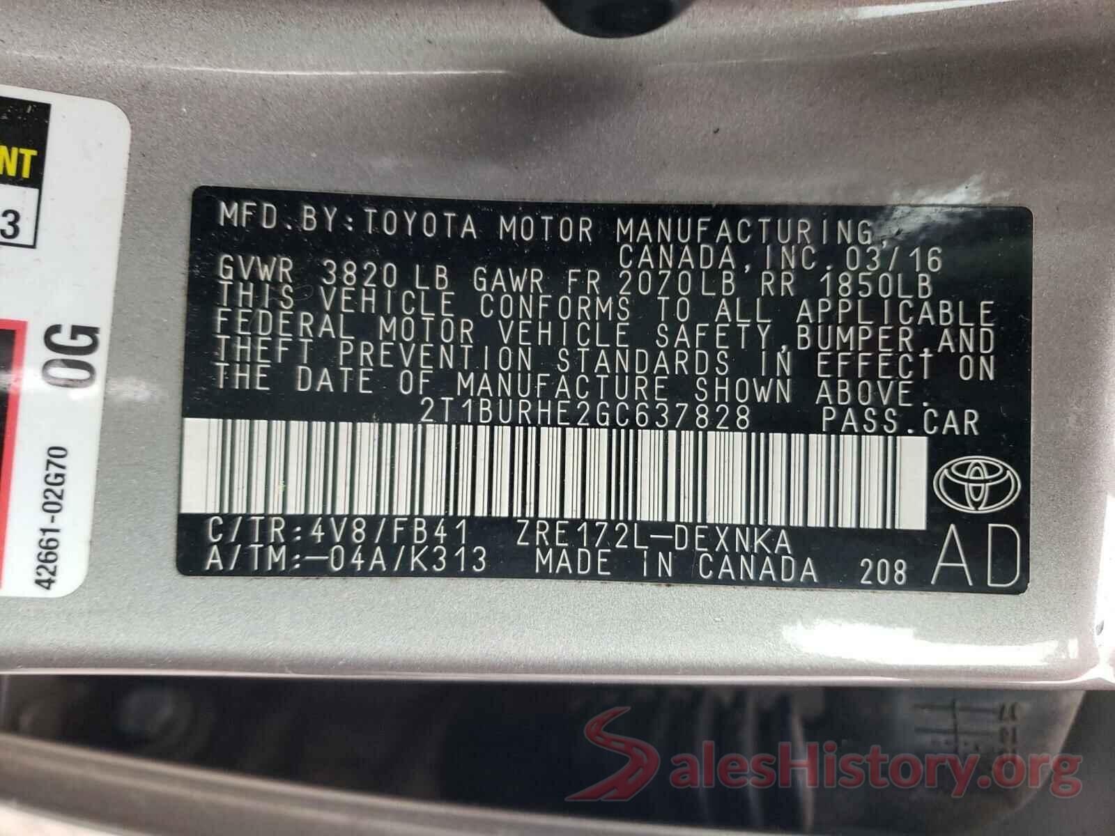 2T1BURHE2GC637828 2016 TOYOTA COROLLA