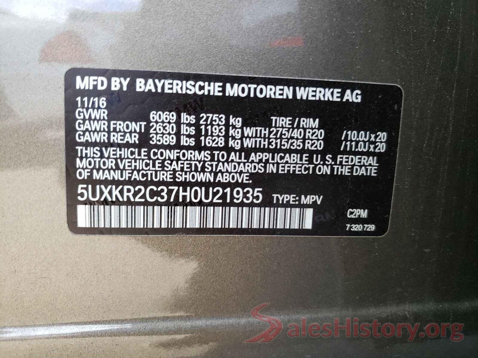 5UXKR2C37H0U21935 2017 BMW X5