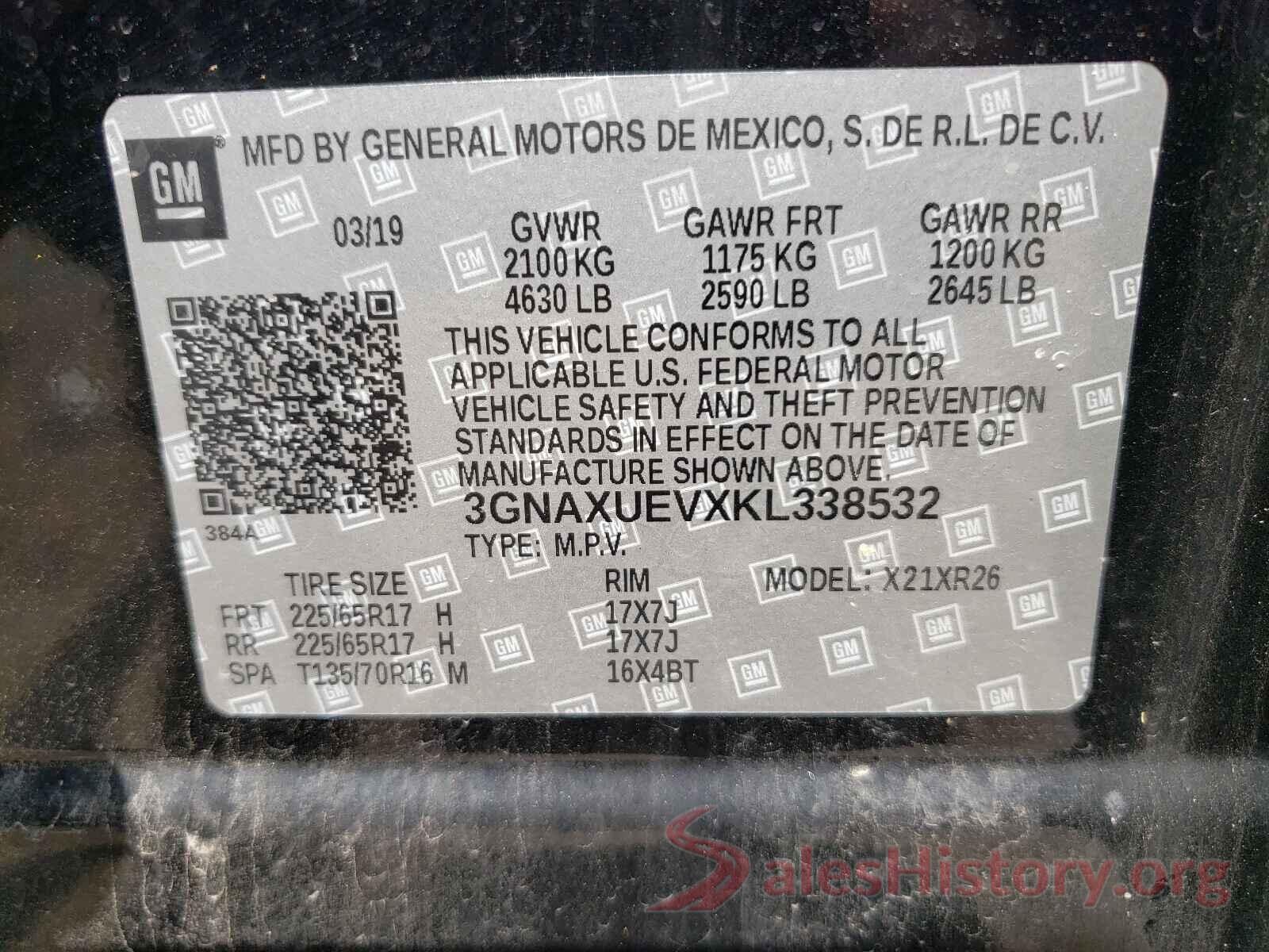 3GNAXUEVXKL338532 2019 CHEVROLET EQUINOX