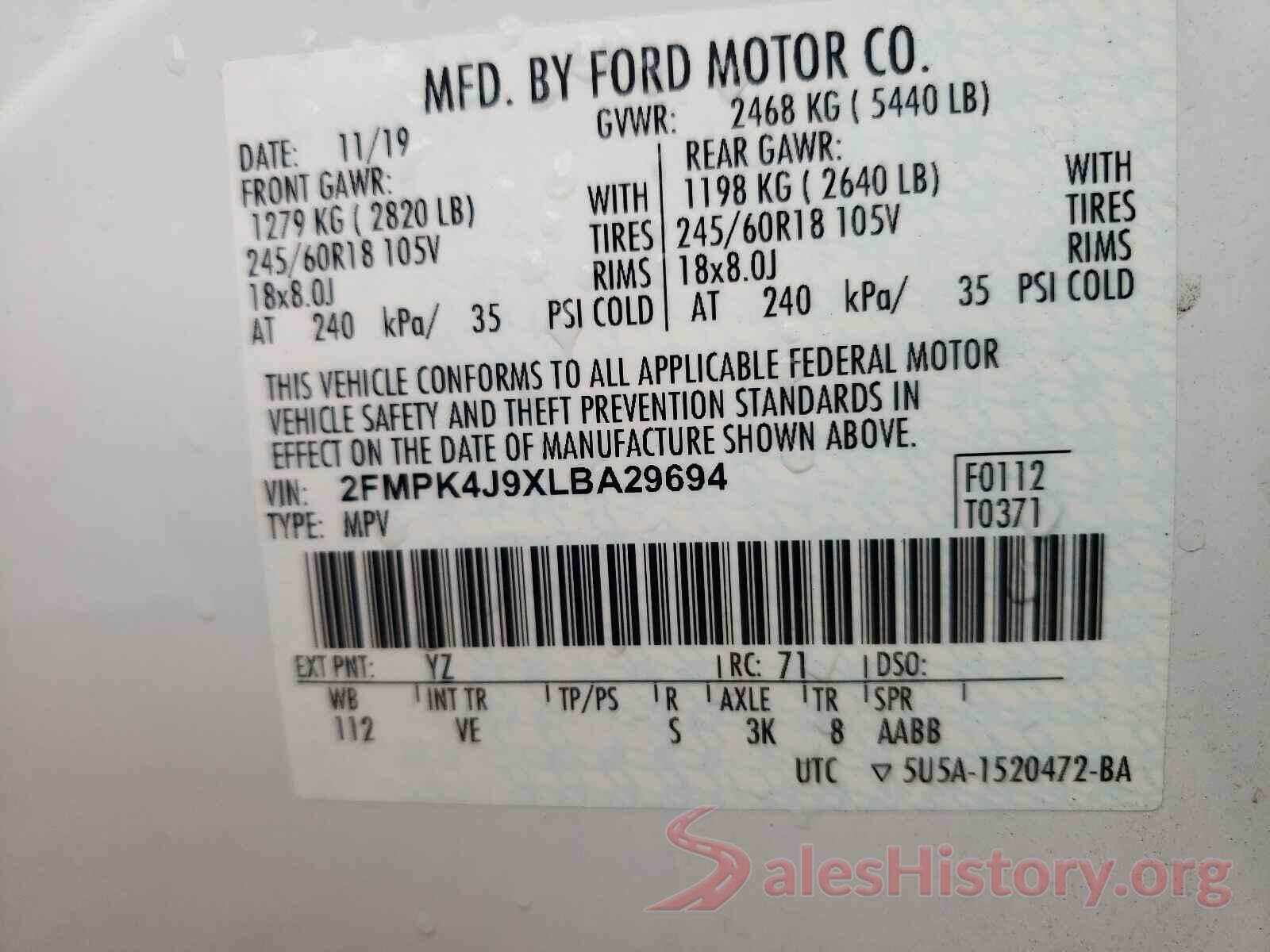 2FMPK4J9XLBA29694 2020 FORD EDGE