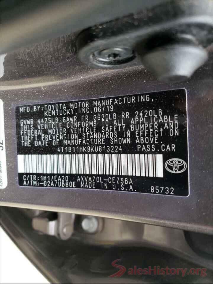 4T1B11HK8KU813224 2019 TOYOTA CAMRY